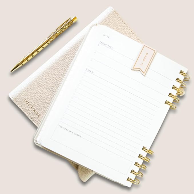 Daily Task Journal by Graphique Luxe Collection, Fabric-Wrapped Hardcover Spiral Notebook for Planning & Writing, Priority List Planner with Magnetic Bookmarks & Gold Foil Embossing,192 Pages, 6” x 8”, Taupe