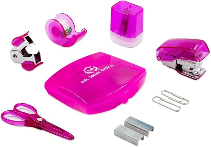 LD Products Pink Mini Office Supply Kit Portable Case with Scissors, Paper Clips, Tape Dispenser Set, Pencil Sharpener, Mini Stapler with Staples and Staple Remover