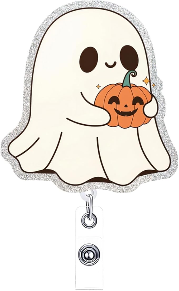 Cute Ghost Badge Reel Acrylic Retractable Halloween Badge Clip with 360° Rotating ID Card Holder Ghost Holding Pumpkin Badge Reel Designs Halloween Spooky ID Badge Holder for Nurses, Doctors