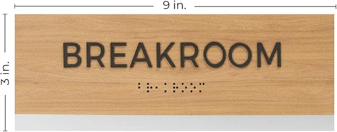Breakroom Sign With Braille/Small Business Easy Adhesive Mount Door And Wall Sign / 3" x 9" Oak Woodgrain Design