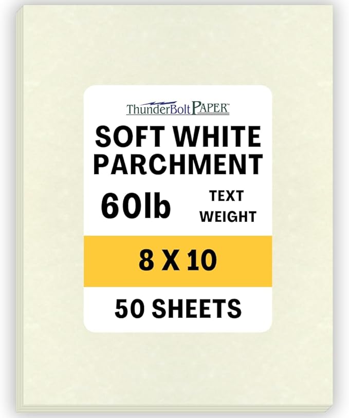 50 Soft White Parchment 60# Text (=24# Bond) Paper Sheets - 8 X 10 Inches Frame and Photo Size Size - 60 Pound is Not Card Weight - Vintage Colored Old Parchment Semblance