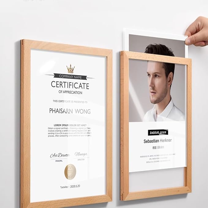 Wall Mount Acrylic Sign Holder Self Adhesive Magnetic Display Frame Clear Document Frame for Office, Store, School, Home, Wall Picture Frame (Beech A4 210×297mm/8.27×11.69inches)