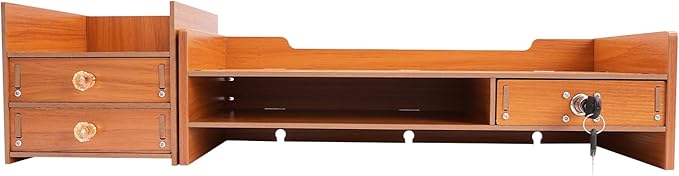 Computer Monitor Stand, Tabletop Computer Rack Wood Monitor Stand Ergonomic Computer Riser Multi Compartment Desk Organizer with 3 Storage Drawers & 2 Keys for Study Office Home