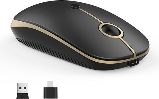 VssoPlor Type C Wireless Mouse USB C Rechargeable Portable Quiet Mouse USB and Type C Receiver Dual Mode Laptop Mouse for PC, Laptop, MacBook, Tablet-Black Gold