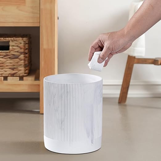 Polytree White Marble Stripe Wastebasket,Round Bathroom Trash Can 2.5 Gallon(9 Liter) Small Kitchen Garbage Can,Living Room Bedroom Trash Can, Decor Wastebasket for Home Office Marble Stripe