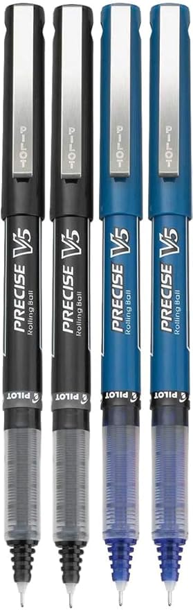 Precise V5 Stick Rolling Ball Pens, Extra Fine Point (.5mm), Assorted Colors Black/Blue Ink, 4-pk; Bundle with Plastic Reusable Pouch