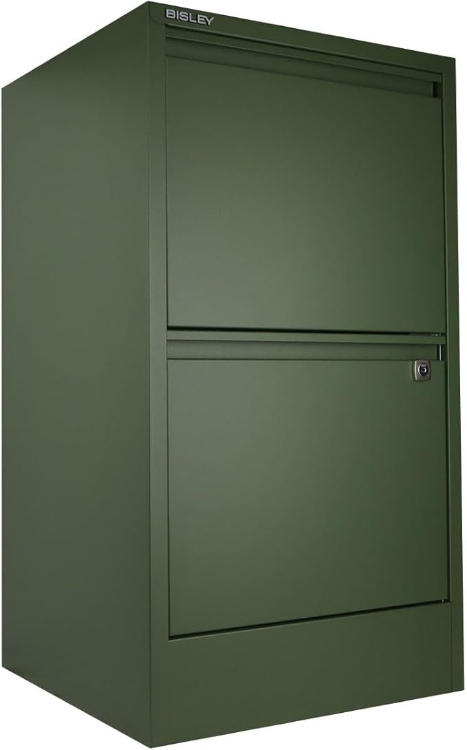 Bisley 2-Drawer Flush Front Vertical File Cabinet - Olive Green, 2 Hanging File Drawers, Powder-Coated Steel, Locking Drawers