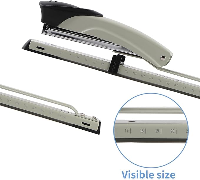 Long Reach Stapler,with 2000 Staples & Stapler Remover Full Strip，20-25 Sheet Capacity,with Built-in Ruler and Adjustable Locking Paper Guide, Gray