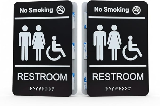 Unisex Restroom signs for business with No Smoking Sign, Brushed Acrylic Bathroom Signs, ADA Compliant with Grade 2 Braille, Raised Icons, Double Sided 3M Tape for Office Toilet Door & Wall 6x9" (2 Pack Restroom Sign)