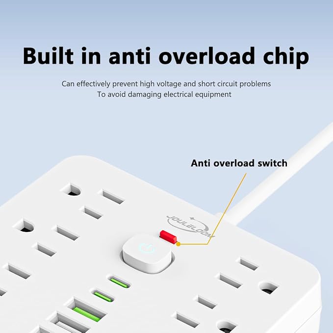 20 FT Flat Plug Surge Protector Power Strip,11 Multiple AC Outlets with 6 USB Ports (2 USB C), 20 Feet Extension Cord, 1250W/10A, One Touch Switch Button, White