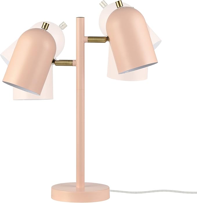 GLOBE Electric 30290 19" 2-Light Desk Lamp, Matte Pink, Brass Accents, 2.1A USB Port, On/Off Rotary Switch on Each Shade, Reading Light, Dorm Room Essentials, Lamps for Living-Room, Office Décor