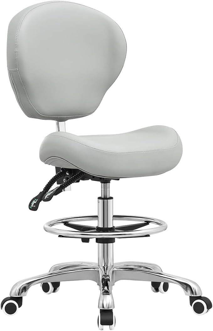 Kaleurrier Adjustable Stools Drafting Chair with Backrest & Foot Rest Tilt Back Swivel Seat Rolling Wheels for Studio Dental Office Salon and Counter Armless Tall Home Desk Chairs (Grey)