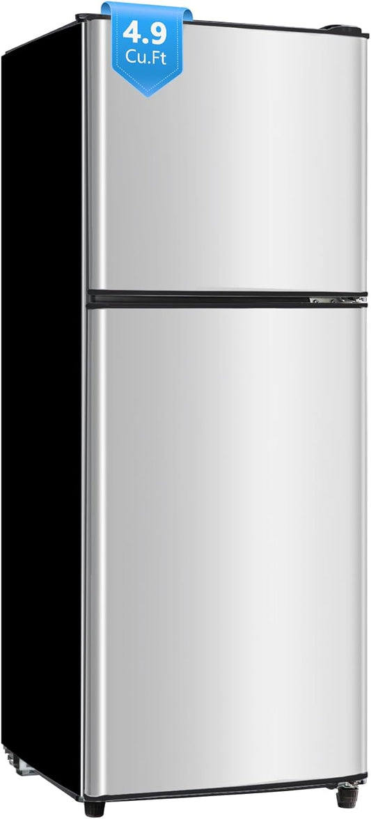 4.9 Cu. Ft. Mini Fridge with Freezer, Compact Refrigerator with Adjustable 7-Level Thermostat, Double-Door Fridge for RV, Kitchen, Office, Silver