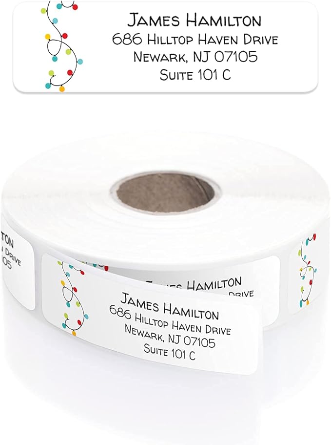 Christmas String Lights Rolled Address Label/Roll of 500 Holiday Personalized Address Labels/Designer Return Address Stickers in Elegant Plastic Dispenser
