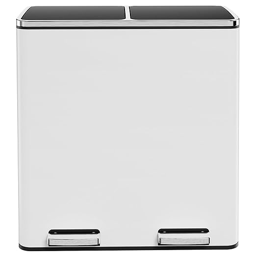 AthLike 60L(16 Gal) Dual Trash Can, Stainless Steel Kitchen Garbage Can, Double Compartment Classified Rubbish Bin, Recycle Dustbin w/Plastic Inner Buckets, Soft-Close Lid, Airtight, White