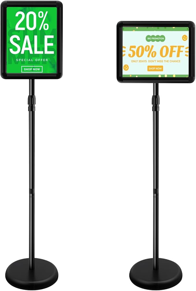 Adjustable Poster Sign Stand Holder,Heavy Duty Snap Open Aluminum Pedestal Floor Standing Sign Holder Vertical and Horizontal View Sign Displayed,Advertising Display Stand (Black, 8.5x11inches)