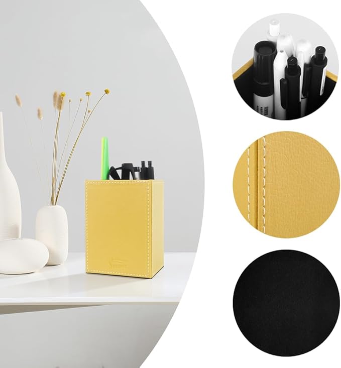 Pen Pencil Holder Cup Container PU Leather Desk Organizer Stand Decor Brush Scissor Holder Decoration Office Desk Home School (Yellow, 3.54" x 3.54" x 4.72")