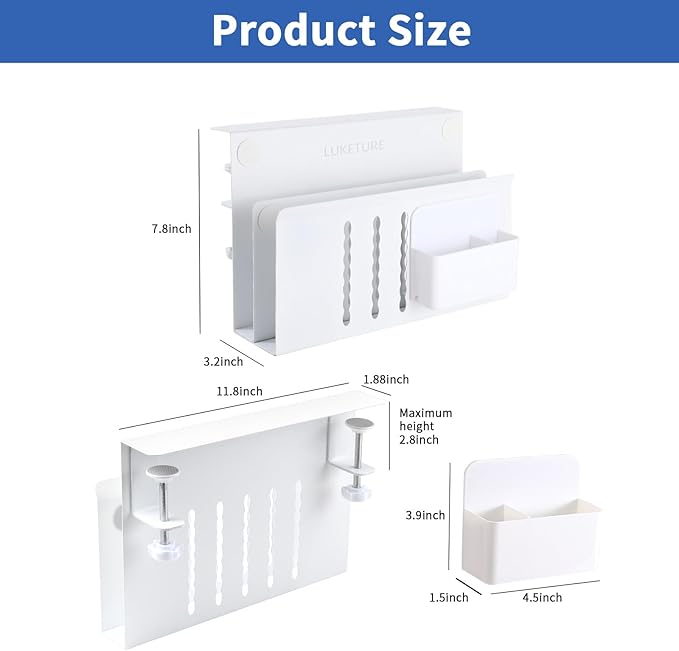 LUKETURE Desk Side Storage, 2 Tier Steel Side Desk Organizer, No Drill Laptop Holder, Clamp on Laptop Mount with Pen Holder, Fits Flat Edge Tables 0.3" to 2.8" (White, L(2 Tier))