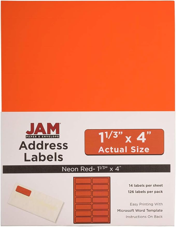 JAM PAPER Shipping Address Labels - Rectangular - 1 1/3 x 4 - Neon Deep Red/Orange - 126/pack