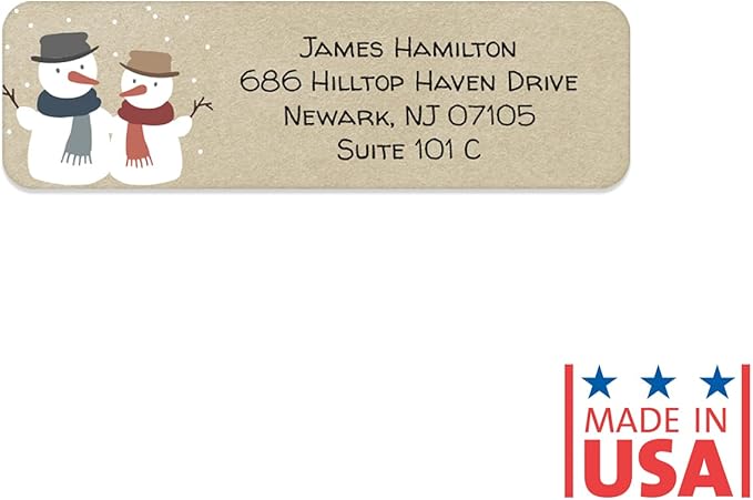 Kraft Snowmen Rolled Address Label/Roll of 500 Rustic Holiday Personalized Address Labels/Designer Return Address Stickers in Elegant Plastic Dispenser