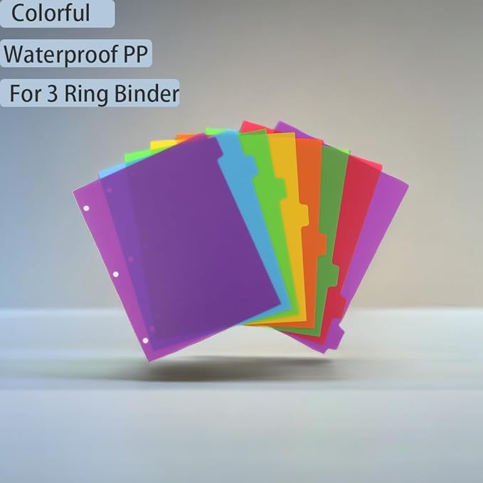 Binder Dividers for 3 Ring Binder, 8 Tab Set, Durable Plastic Tabs with Tabs, Customizable with 42 Labels, Assorted Colors for Office, School, Letter Size