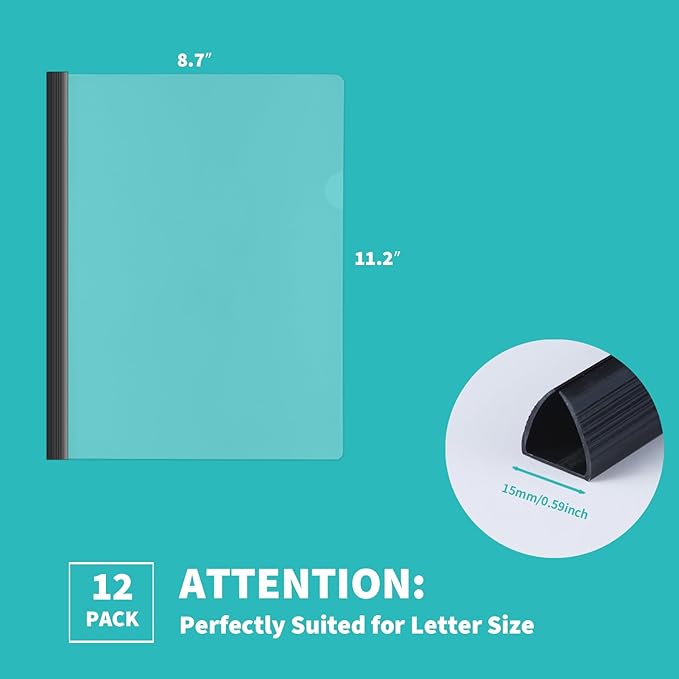 Binditek 12 Pack Heavyduty Clear Report Covers with Sliding Bars, 110 Sheet Capacity, 15mm Sliding Bar File Folder, Letter Size, 8 Mil Thick, Black, for Students and Coworkers