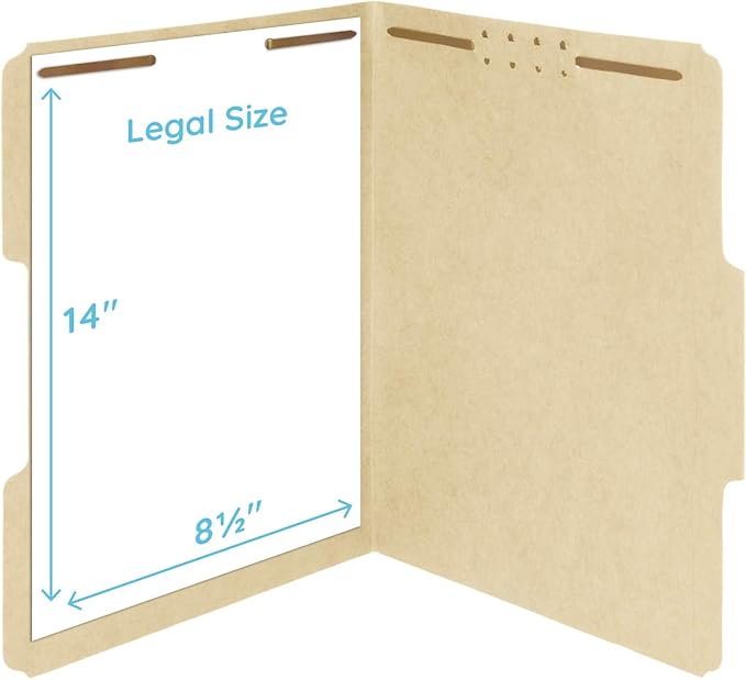 50 Legal Size 1/3 Cut Fastener File Folders - Reinforced Top Tab - Durable 2 Prongs Designed to Organize Standard Legal and Medical Files, Law Office Reports - Legal Size, Manila, 50 Pack
