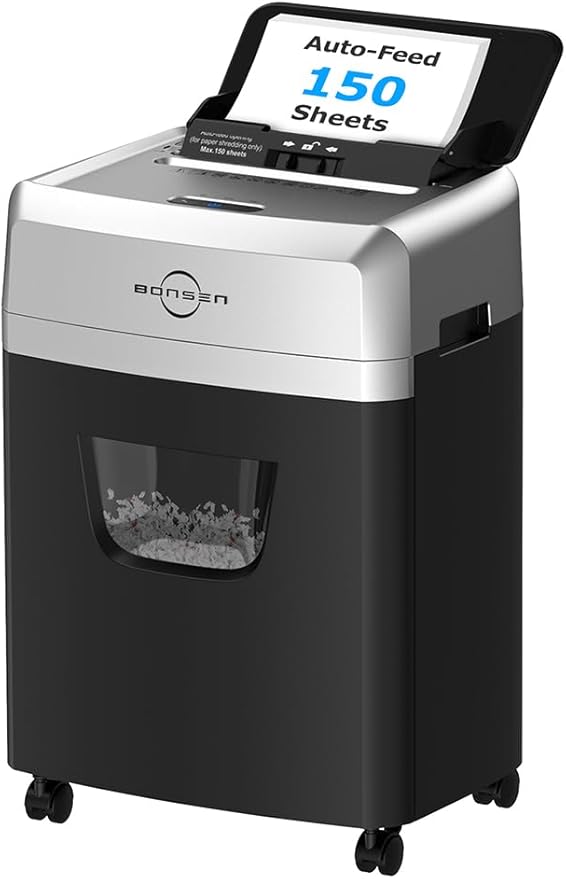 BONSEN 150-Sheet Autofeed Paper Shredder for Office, 60 Mins Heavy Duty Micro-Cut Shredders for Home Office Use, P-4 High Security Commercial Document Shredder with 6 Gal Large Capacity Bin (S3114)
