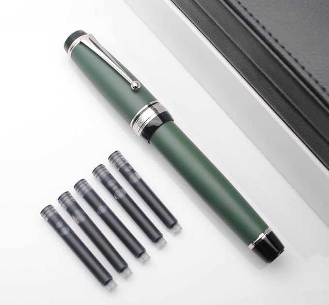 Metal Big Fountain Pen Set Medium Nib 0.7mm, Includes Ink Refill Converter, 5 Ink Cartridges & Gift Box (Medium Nib 0.7mm, Matte Green with Silvery Clip)