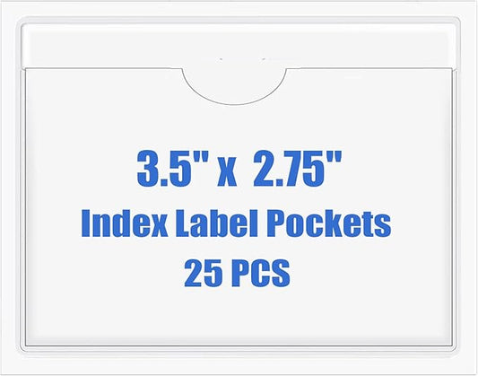 Origin-Joy 25 PCS Self-Adhesive Index Label Pockets, Clear Plastic Peel & Stick Card Holders with Top Open for Loading (3.5 x 2.75 inch)
