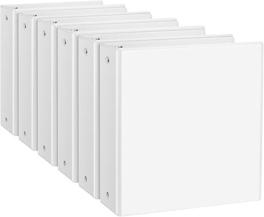 2'' 3 Ring Binder, Standard 2-inch Round Ring Binder Fit Letter Size Paper, Presentation View Binders, White, 6-Pack