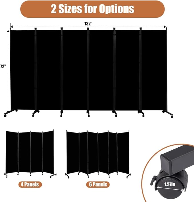 Room Divider Portable 132'' Partition Room Dividers and Folding Privacy Screens 6 Panel Wall Divider for Room Separation, Freestanding Fabric Room Divider Panel with Wheels for Home Office Hospital