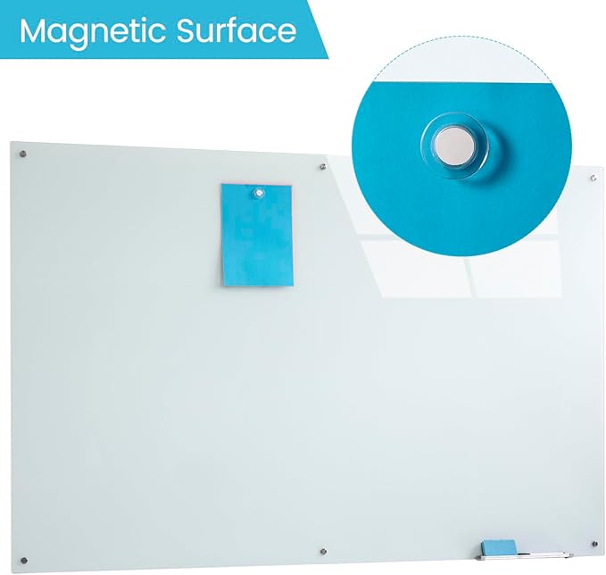 Glass Magnetic Dry Erase Board 72"x48" Frameless Wall Mounted Glass White Board for Wall, Large Frameless Magnetic glassboard for Office, Home & School