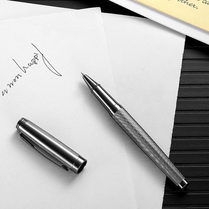Rollerball Pen for Men Women Luxury Metal Executive Pens Home Office Use with 2 Extra Refills Black Ink 0.7mm G2 (Metal Gray)