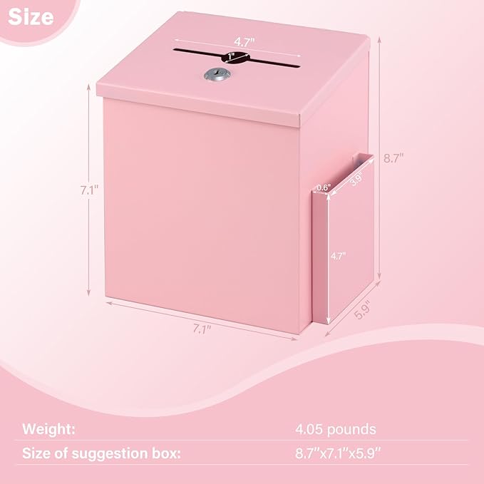 xydled Suggestion Box with Key Lock, Locking Metal Donation Ballot Drop, Comment Prayer Box with Slot for Office, Fundraising, Church, School, Home Use, Pink, 8.7 x 7.1 x 5.9 Inches