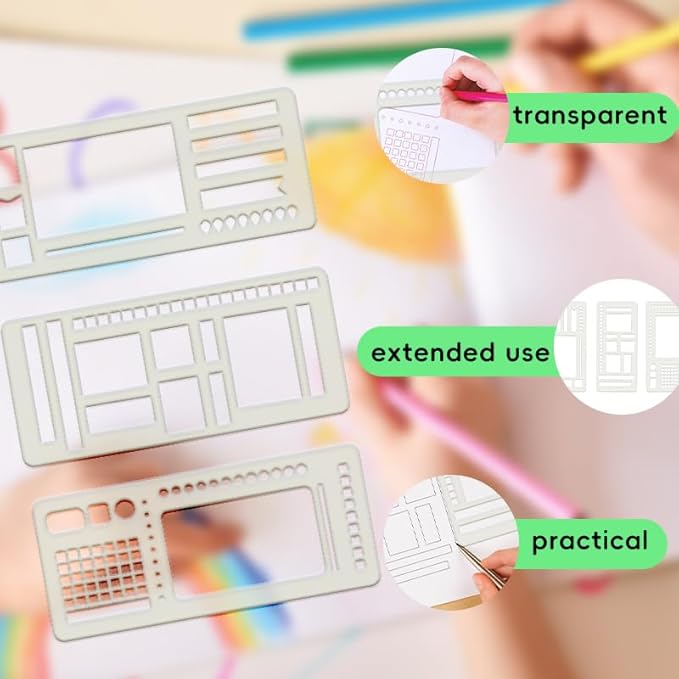 Handmade Flexible Record Template, 3 Pack Flexible Journal Stencil Set, Reusable Flexible Record Template, Planner Stencil Set for Dot Grid Journals, Versatile Drawing Templates Kit (B)
