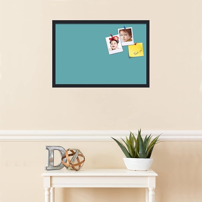 PinPix 27x18 Inch Cork Bulletin Board. This Decorative Framed Pin Board Comes with Aqua Pastel Design and a Satin Black Frame. Ideal for Home Office Decor or Message Board (PinPix-1806)