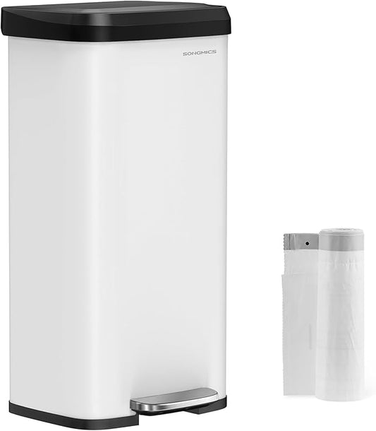 SONGMICS Kitchen Trash Can, 18-Gallon Stainless Steel Garbage Can, with Stay-Open Lid and Step-on Pedal, Soft Closure, Tall, Large and Space-Saving, White and Black ULTB520W68