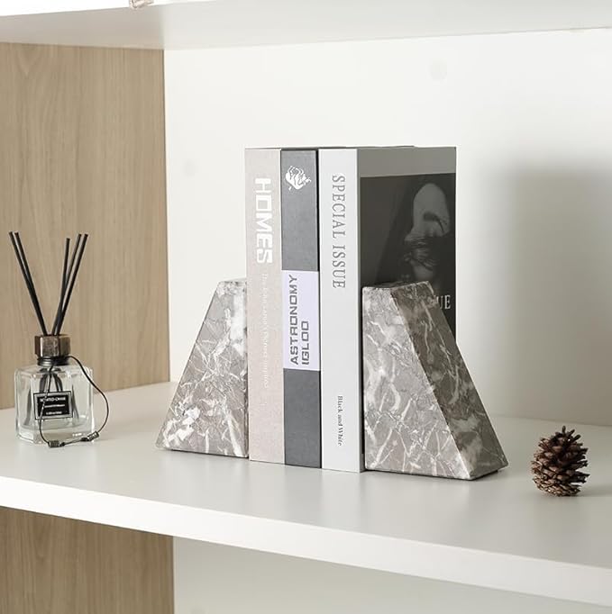 Koville Marble Bookends for Shelves, Large Bookends for Heavy Books, Natural Stone Book Stopper for Books CD Movies, Aesthetic Decorative Book Ends, Bookshelf Table Home Decor(Grey)