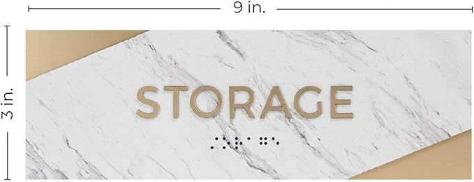 Storage Sign with Braille/Small Business Easy Adhesive Mount Door and Wall Sign / 3" x 9" Light Marble Design