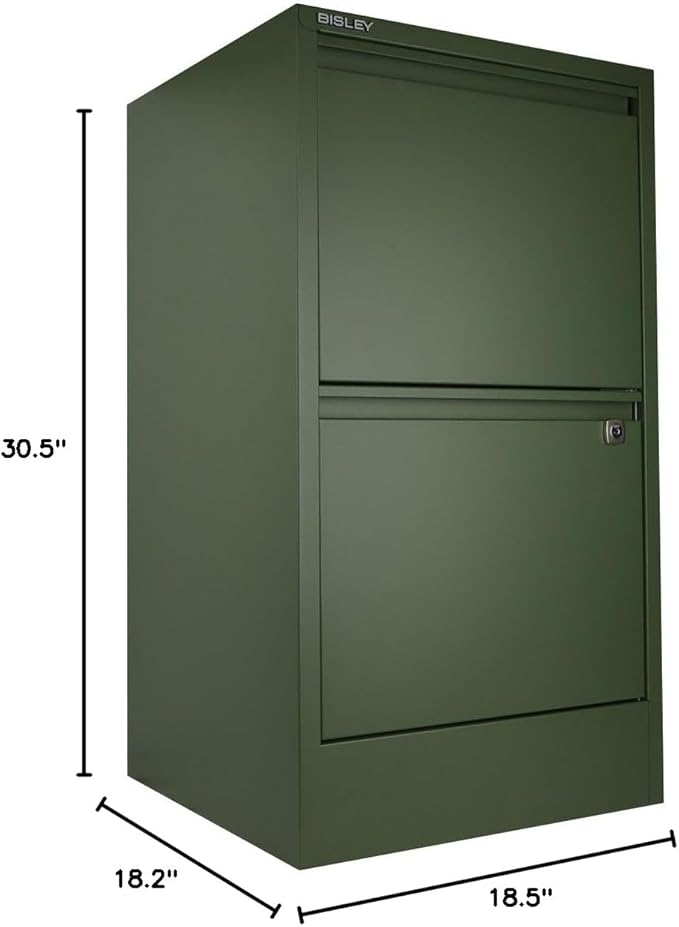 Bisley 2-Drawer Flush Front Vertical File Cabinet - Olive Green, 2 Hanging File Drawers, Powder-Coated Steel, Locking Drawers