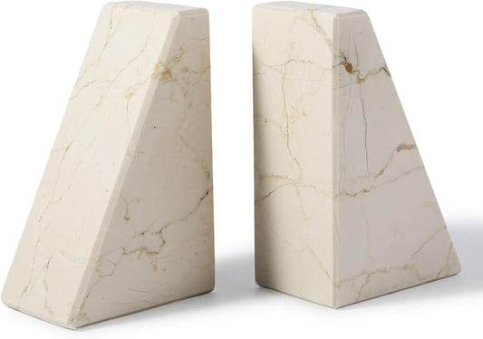 Koville Marble Bookends for Shelves, Large Bookends for Heavy Books, Non-Slip Heavy Duty Book Stopper for CD/Movies, Aesthetic Decorative Bookends for Shelves Table Home Decor(Beige)