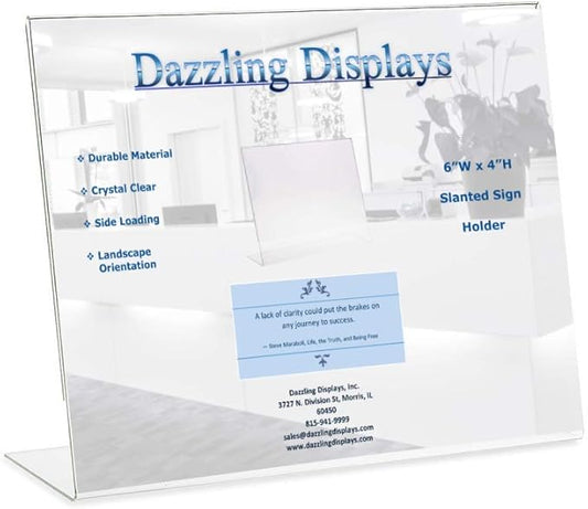 Dazzling Displays Clear Acrylic Sign Holder 6 x 4 - Clear Slanted Sign Holder - Premium Acrylic Sign Holder for Office, Retail, Tradeshow and Home Use (3 Pack)