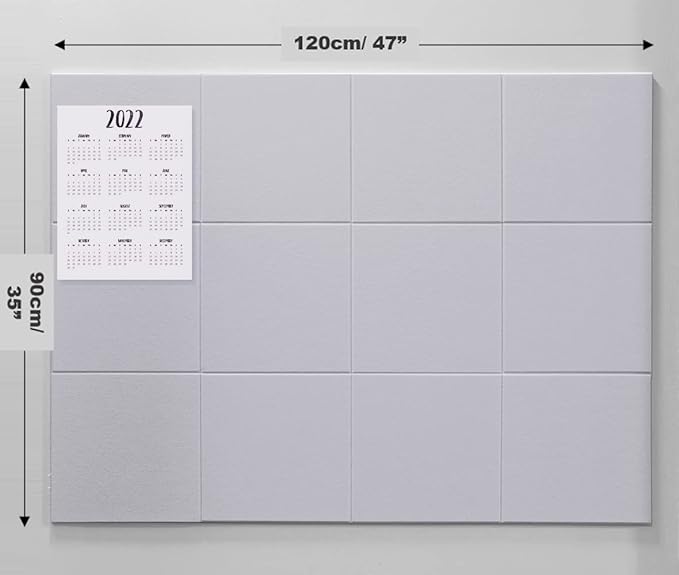 Large Cork Board Alternative - 12-Pack Felt Wall Tiles with Safe Removable Adhesive Tabs, Cork Wall Tiles Bulletin Board Home Office Essentials - Gray White
