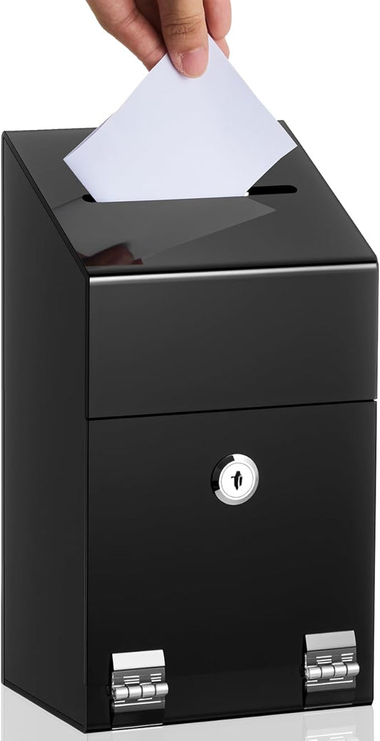 Juexica 1 Pc Acrylic Donation Box 10.2" x 5.6" x 4" Suggestion Box with Lock and Slot Wall Mount Safe Key Drop Ballot Fundraising for Home Office Vote (Black)