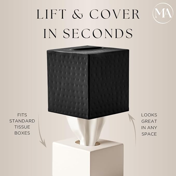 Monarch Abode Hand Hammered Tissue Box Cover Square, Matte Black Tissue Holder for Bathroom, Square Metal Dresser Accessories, Decorative Tissue Box Holder, Matte Black Handcrafted Tissue Cover