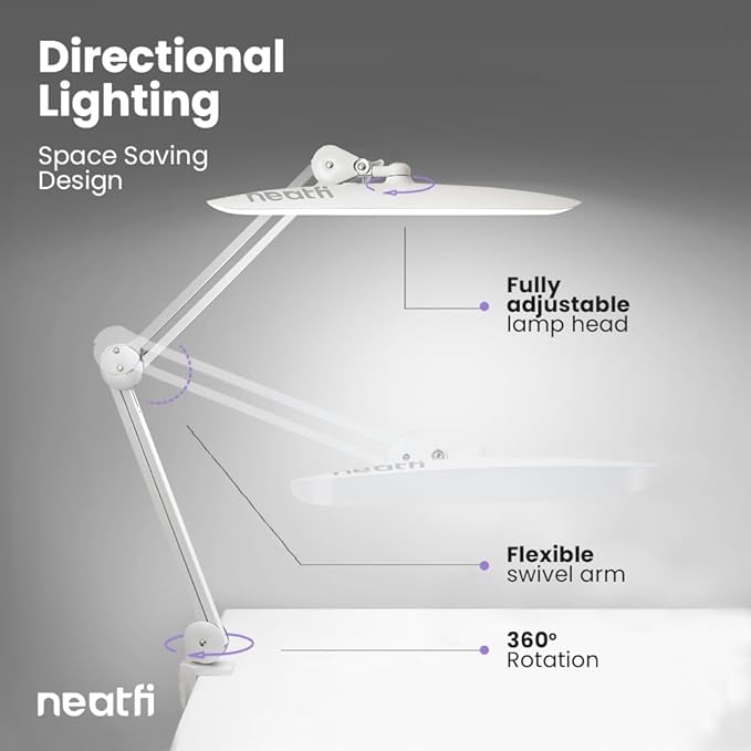 Neatfi XL 2,200 Lumens LED Task Lamp, 20W, 182 Pcs SMD LED, Dimmable, 4 Level Brightness, 3 Light Modes, Desk Light for Home, Office, Workbench (CCT, White)