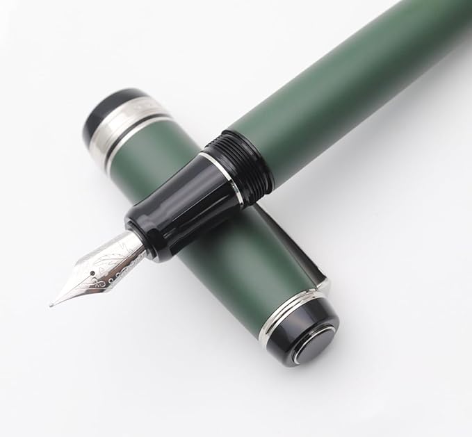 Metal Big Fountain Pen Set Medium Nib 0.7mm, Includes Ink Refill Converter, 5 Ink Cartridges & Gift Box (Medium Nib 0.7mm, Matte Green with Silvery Clip)