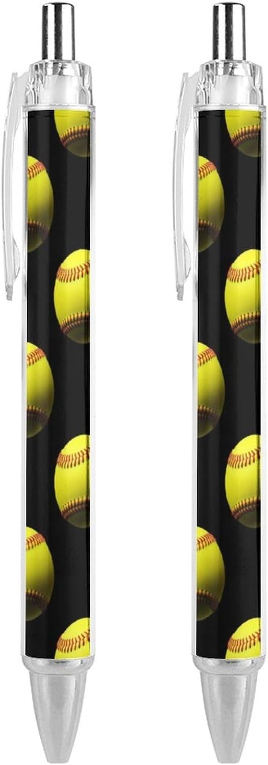 2 Pcs Softball Black Ballpoint Pen for Women Men, Retractable Black Ink Ball Point Pens Smooth Writing Office Supplies, 0.5mm