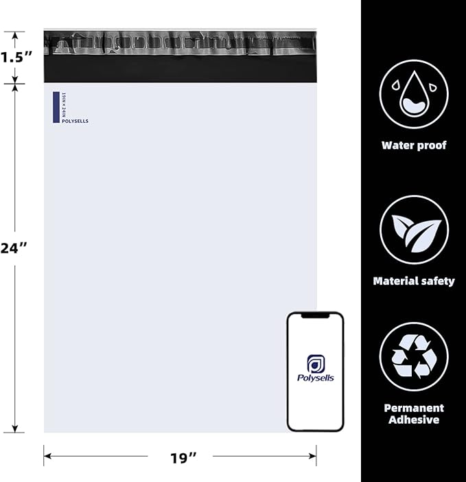 POLYSELLS 100 Pack 19x24 Inch White Poly Mailers Shipping Envelopes, Strong Adhesive Sealing, Waterproof, and Tear-resistant Postal Mailing Bags for Clothing, Books, and Accessories
